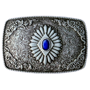 Belt Buckle -  Silver Burst with Blue Stone