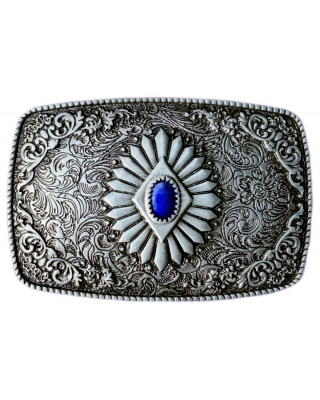 Belt Buckle -  Silver Burst with Blue Stone