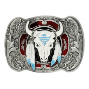 Belt Buckle - Buffalo Skull With Feathers