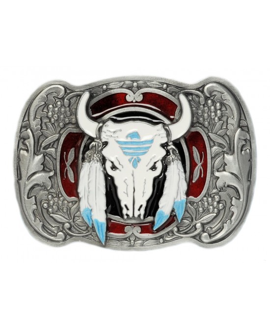 Belt Buckle - Buffalo Skull With Feathers