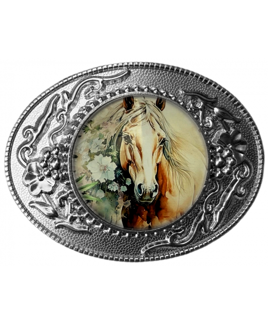 Belt Buckle - Horse Flowers