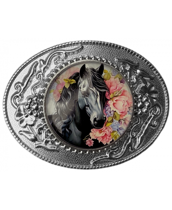 Belt Buckle - Black Horse Flowers