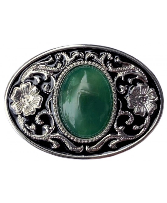 Belt Buckle - Western Style Oval Filigree with Green Cabochon Centre Belt Buckle - Western Style Oval Filigree with Green Cabochon Centre