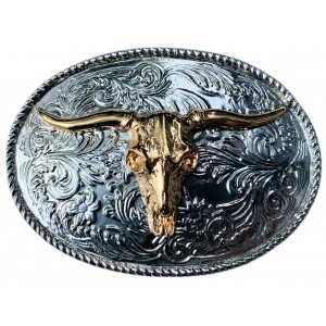 Belt Buckle - Oval Rodeo Steer Head Gold & Silver Plated