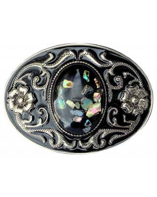 Belt Buckle - Oval Filigree with Black w/ Fragments Cabochon Centre