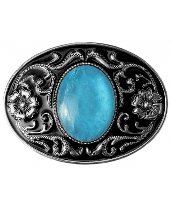 Belt Buckle - Oval Filigree with Blue Colour Cabochon Centre