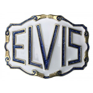 Belt Buckle - Elvis Blue Glitter White Belt Buckle - Elvis Blue Glitter White
