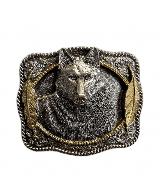 Belt Buckle - Wolf Head Feathers Gold Silver Plated Belt Buckle - Wolf Head Feathers Gold Silver Plated