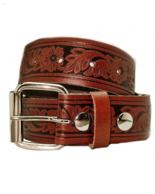 Leather Belt - Flowers Dark Brown