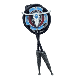 Bolo Tie - Steer Skull Silver Blue Red