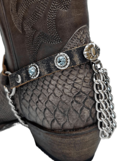 Boot Straps - Crystal Stressed Dark Brown with Chains