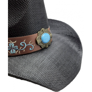 Straw Western Hat Black with Brown Hatband and Turquoise Stone