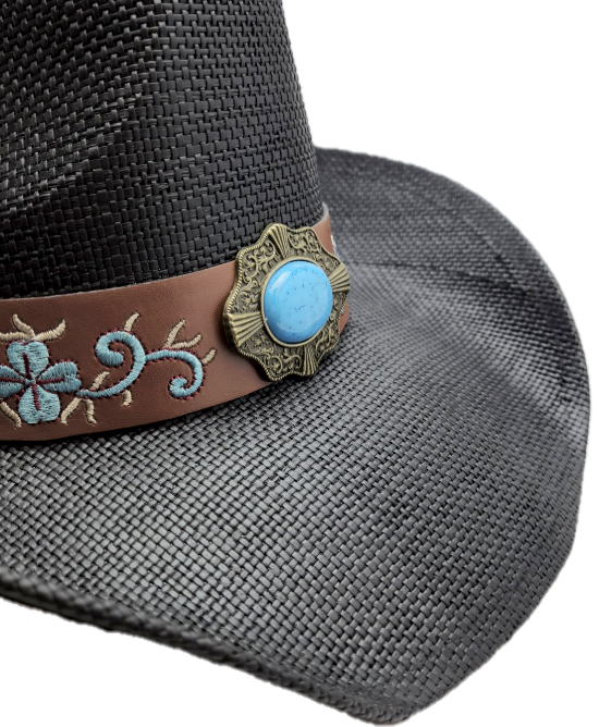 Straw Western Hat Black with Brown Hatband and Turquoise Stone