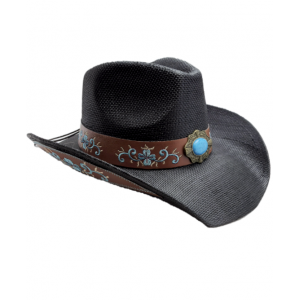Straw Western Hat Black with Brown Hatband and Turquoise Stone