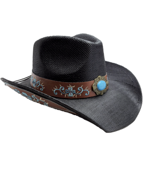 Straw Western Hat Black with Brown Hatband and Turquoise Stone