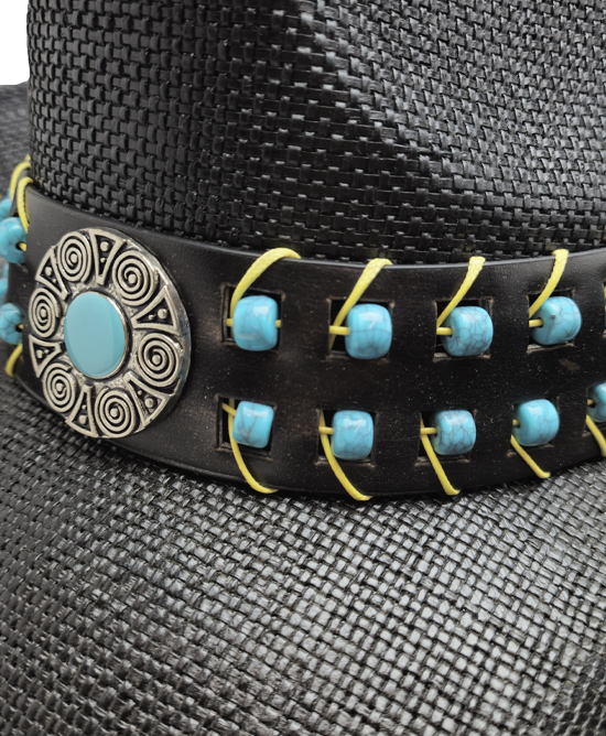 Straw Western Hat Turquoise Beads Black Straw Western Hat Turquoise Beads Black