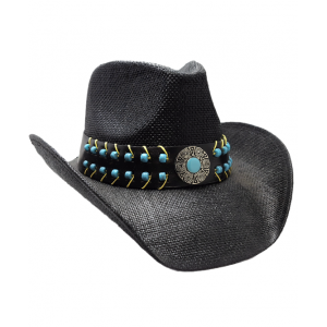 Straw Western Hat Turquoise Beads Black