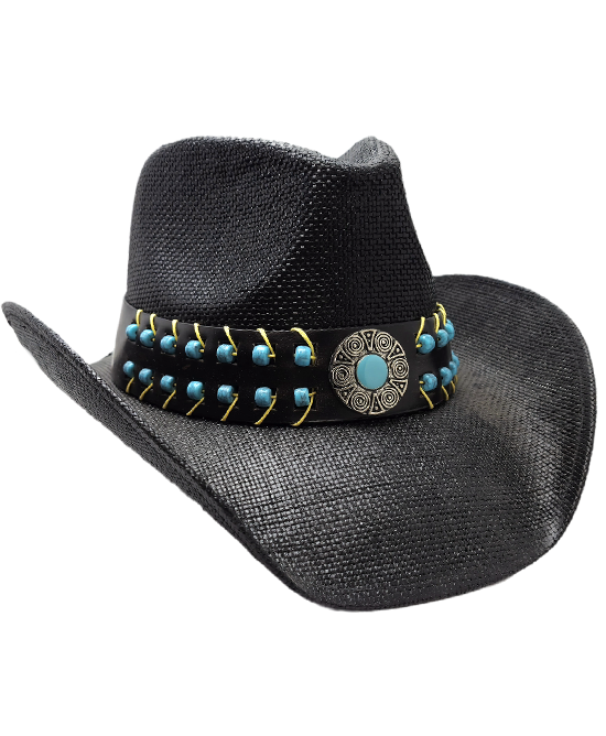 Straw Western Hat Turquoise Beads Black Straw Western Hat Turquoise Beads Black