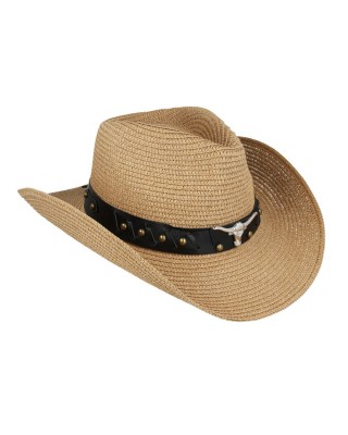 Straw Western Hat - Steer with Brown Hatband