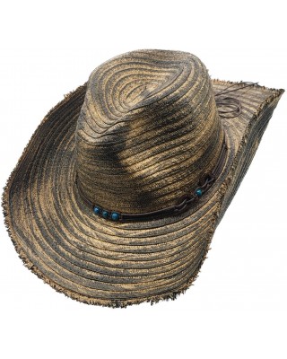 Straw Western Hat with Turquoise Beads - Distressed Beige