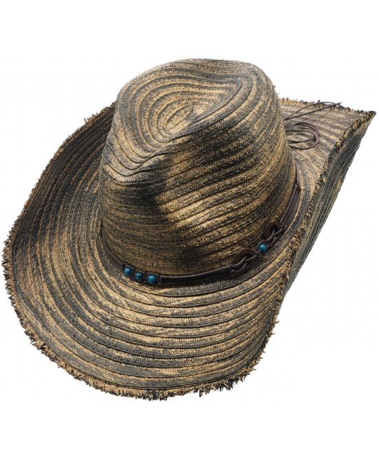 Straw Western Hat with Turquoise Beads - Distressed Beige