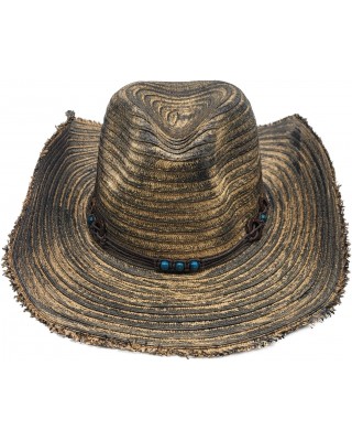 Straw Western Hat with Turquoise Beads - Distressed Beige