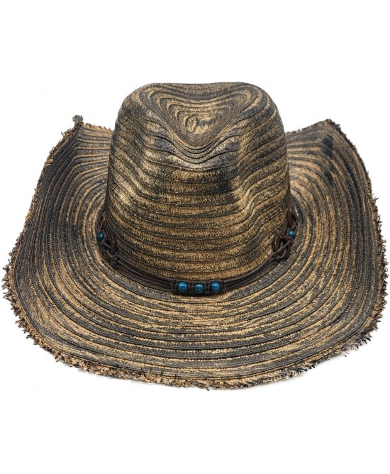 Straw Western Hat with Turquoise Beads - Distressed Beige