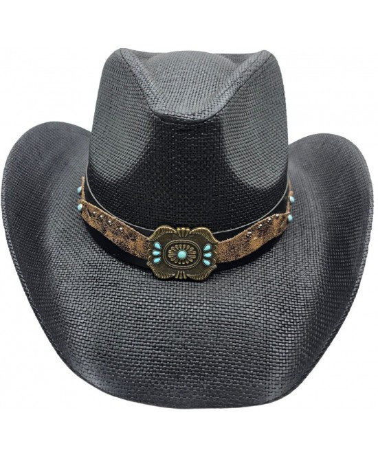 Straw Western Hat Turquoise Concho Hatband Black