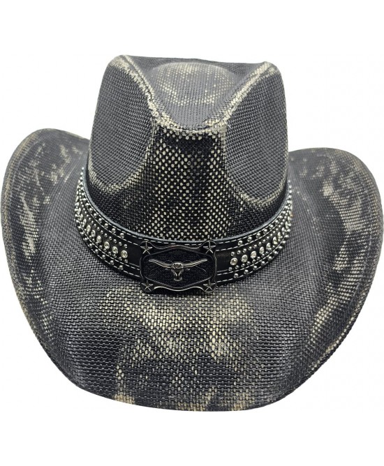 Straw Western Hat Steer Distressed Black