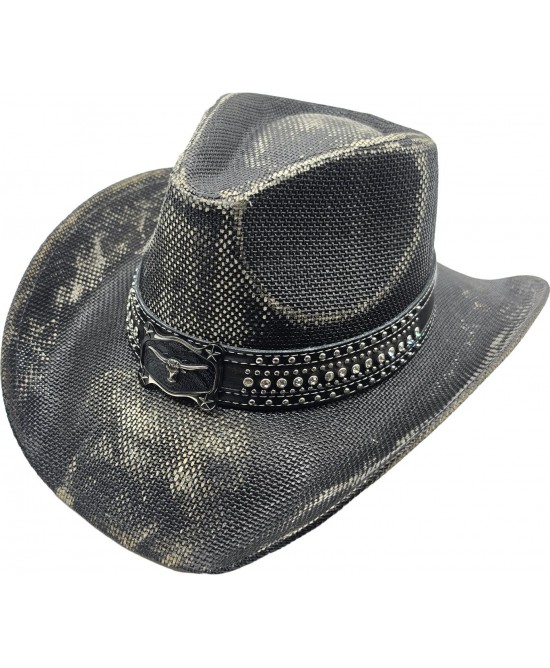 Straw Western Hat Steer Distressed Black Straw Western Hat Steer Distressed Black
