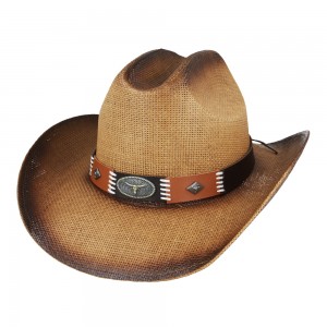 Straw Summer Cowboy Hat With Black and Brown Steer Hatband