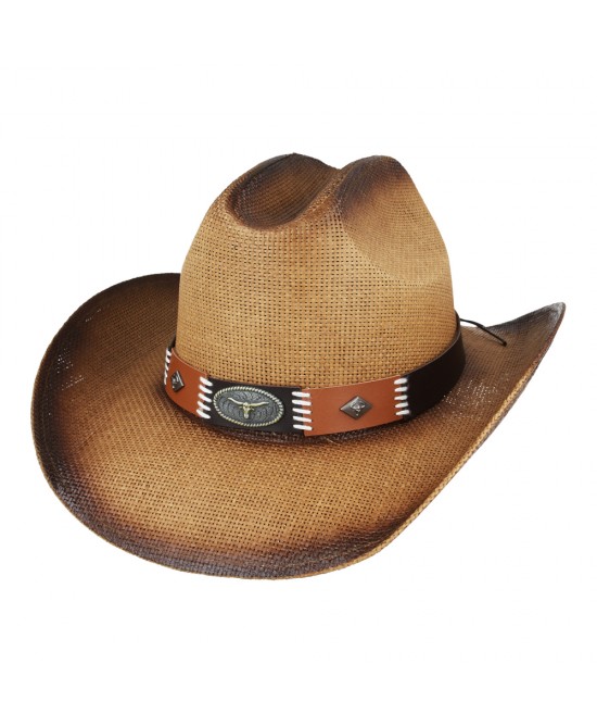 Straw Summer Cowboy Hat With Black and Brown Steer Hatband