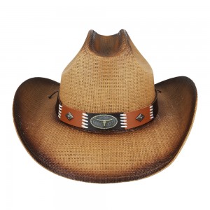 Straw Summer Cowboy Hat With Black and Brown Steer Hatband