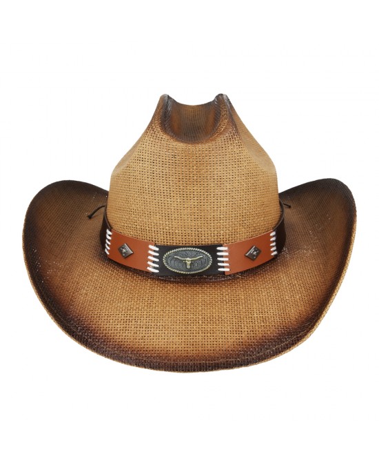Straw Summer Cowboy Hat With Black and Brown Steer Hatband