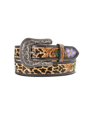 Leather Belt - Ariat Hand Tooled Cheetah Print With Painted Flower Belt