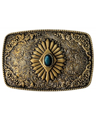 Belt Buckle - Western Rectangle Brass Plated with a Blue Stone